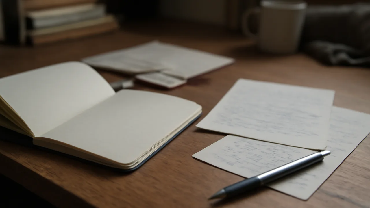 Geç bir gün ışığında ev ortamında dağınık bir çalışma alanı; notebook, kalem ve ayraçlardan birkaç parça kenardan görünürken arka planda doğal biçimde silik bir düzen var.